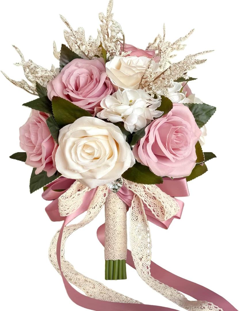 9 Inch Dusty Pink Wedding Bouquets for Bride Bridesmaid, Artificial Fake Roses Flowers Champagne Ivory Pastel Pink Bridal Bouquet Spring Fall Boho Rustic Wedding Decoration Toss Bouquet Prom