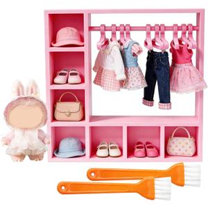 Doll Clothes Wardrobe with 10 Hangers, Upgraded Closet Organizer for 7-Inch Plush & Vinyl Dolls, Mini Doll Furniture for Outfit Display & Storage, Gift for Doll Collectors (Pink)