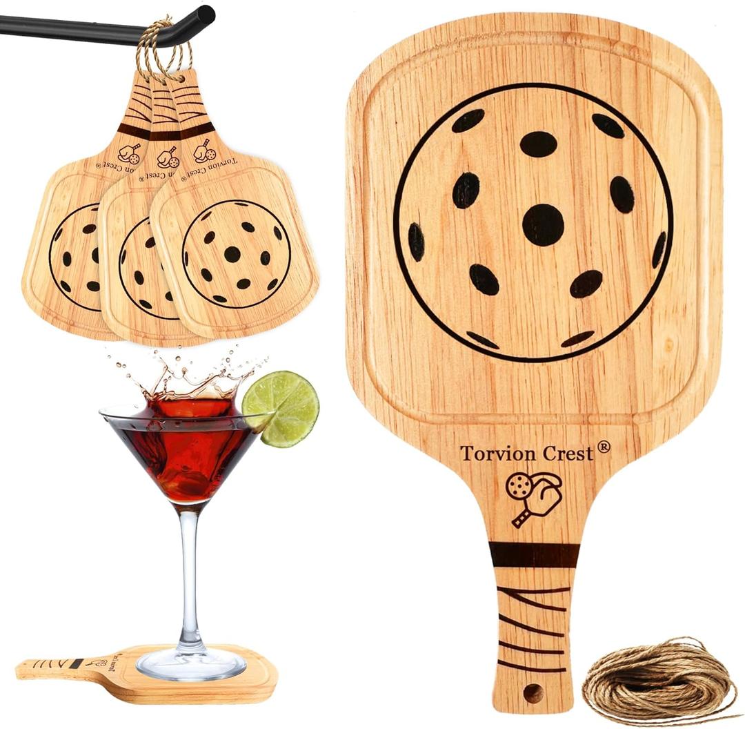 4 Pack Pickleball Drink Coasters with Hanging Hole, Paddle Shape Wooden Drink Coaster Set for Pickleball Party Favors Decorations, Gifts Idea for Pickleball Fans Women Men Waterproof