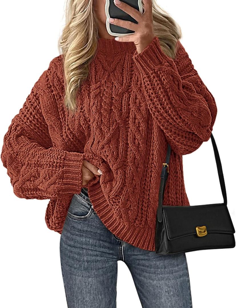 PRETTYGARDEN Women's Oversized Fall Sweaters 2026 Casual Long Sleeve Crewneck Chunky Cable Knit Pullover Tops Winter Clothes (Orange, XXXL)