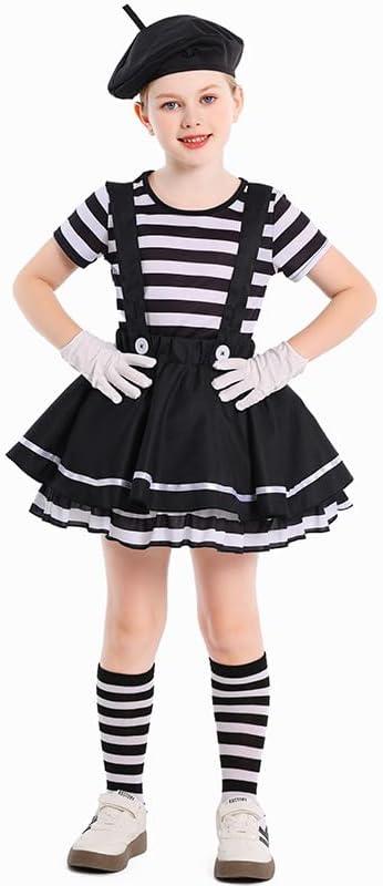 TOONRAIN Kid's Clown Mime Costume Striped Top and Suspender Skirt Theme Performance Dress Up XL(14-16Y)