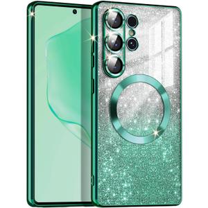 Casetego for Galaxy S25 Ultra 5G Case,Compatible with MagSafe,Clear Magnetic Glitter Gradient Sparkle Luxury Plated Soft TPU Bumper Full Camera Lens Protector for Samsung Galaxy S25 Ultra 5G,Green