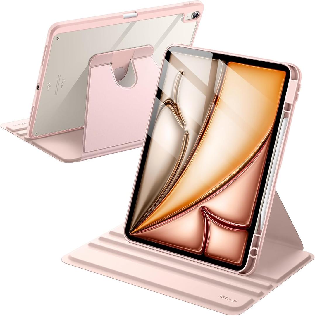 JETech Rotating Case for iPad Air 13-Inch M4/M3/M2 (2026/2025/2024) with Pencil Holder, 360 Degree Rotation Protective Stand Cover Clear Back, Auto Wake/Sleep (Sandy Pink)
