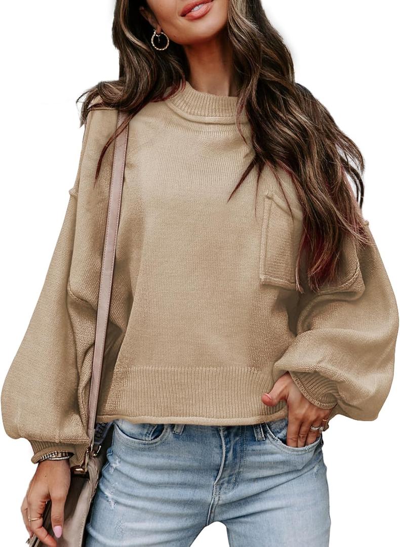 EVALESS Women's 2024 Lantern Long Sleeve Crewneck Sweater Casual Solid Color Ribbed Hem Knitwear Pullover Cropped Tops (Large, Apricot)