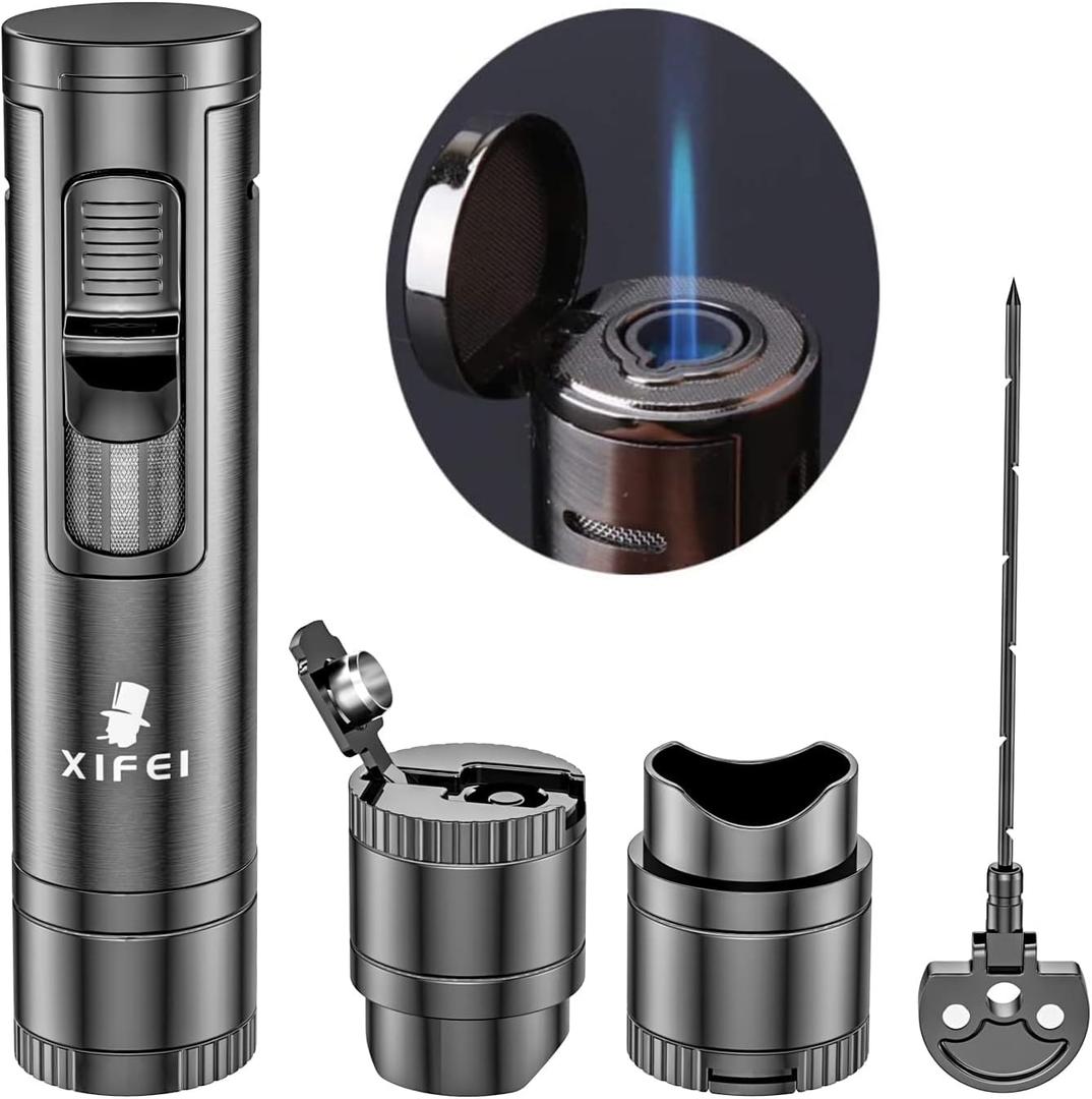 XIFEI Cigar Lighter, Cigar Puncher, Cigar Draw Enhancer, Cigar Stand, All-in-one Lighter (Gun ash)