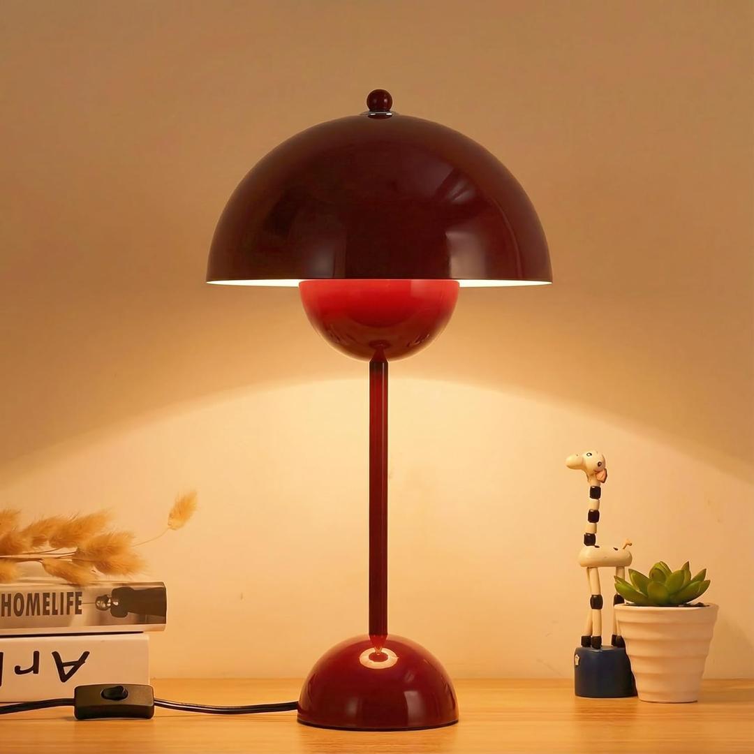 COSYLUX Modern Small Table Lamp for Bedroom, Cute Dome Shade Reflecting Light Reading Lamp for Living Room, Kid's Room, Study, Office, Beside Bedside Nightstand Desk Lamp(Coral Red/Burgundy)