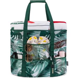 KABAQOO Mesh Beach Bag, Extra Large Beach Bags with 9 Pockets & Zipper Waterproof Lightweight Beach Tote for Beach/Pool Trip (Coconut Tree)