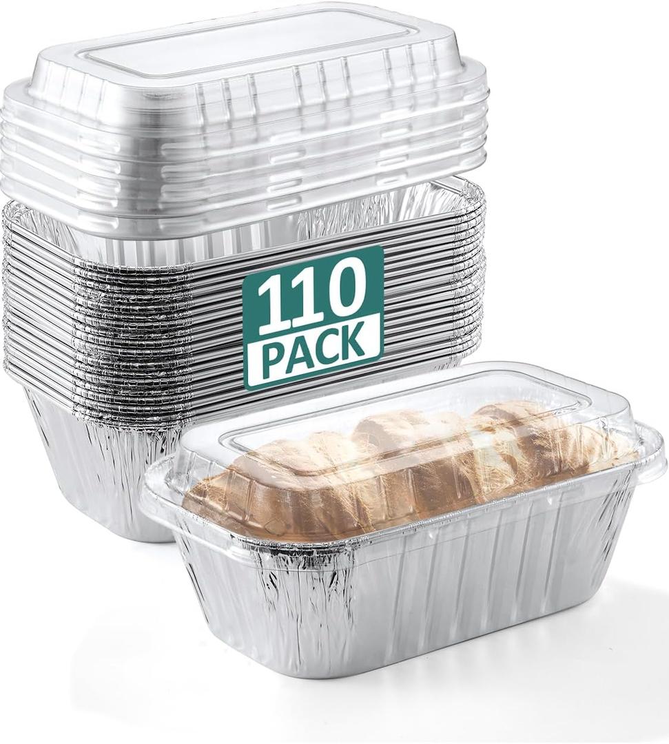 110 Pack 6x3.5x2 Disposable Aluminum Loaf Pans with Lids - 1 Lb Mini Loaf Pans, Small Aluminum Tin Foil Baking Pan, Food Containers for Baking, Cakes, Bread, Meat, Loaves