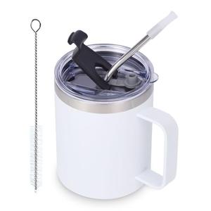 Volhoply 12oz Insulated Leakproof Coffee Mug with Flip & Straw Lid,Double Wall Vacuum Stainless Steel Travel Cafe Tumbler Cup with Handle, Reusable Camping Mugs Keep Cold/Hot(White, 1 Set)