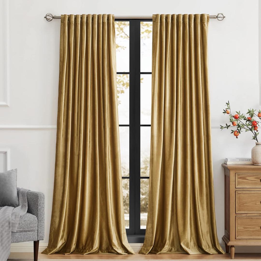 Elegant Gold Velvet Curtains 90 inch Length for Living Room,Luxury 2 Panels Room Darkening Rod Pocket Back Tab Curtain Thermal Insulated Heavy Soundproof Noice Reducing Window Drapes for Bedroom