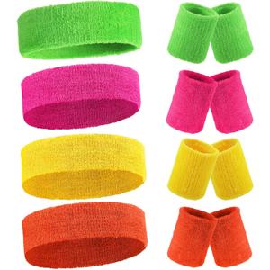 Civaner 12 Pcs 80s 90s Sweatbands Neon Sports Headbands Wristband Set for Men Women Party Cotton Headbands Terry Cloth Athletic Sweat Bands for Tennis Football Gym Outdoor Accessories (Bright Color)