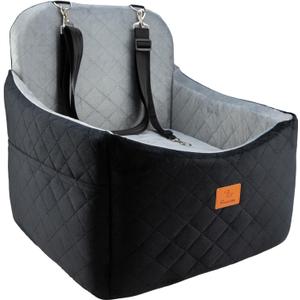 Dog Car Seats for Small/Medium Dogs, FurFrolic Memory Foam Dog Booster Seat for Small Dogs up to 35 lbs, Travel Pet Car Seat with Washable Detachable Cover, Storage Pockets, 2 Safety Belts, Black Gray