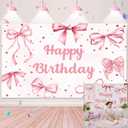 Pink Bow Happy Birthday Backdrop Coquette Birthday Party Photography Background for Girls Women Cute Bachelorette Party Baby Shower Decoration Banner (82x59 inch (7x5FT))