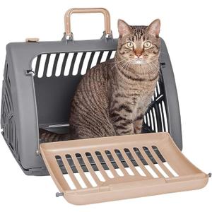 SportPet Designs Foldable Travel Cat Carrier - Front Door Plastic Collapsible Carrier, Gray and Tan, Medium (Pack of 1)
