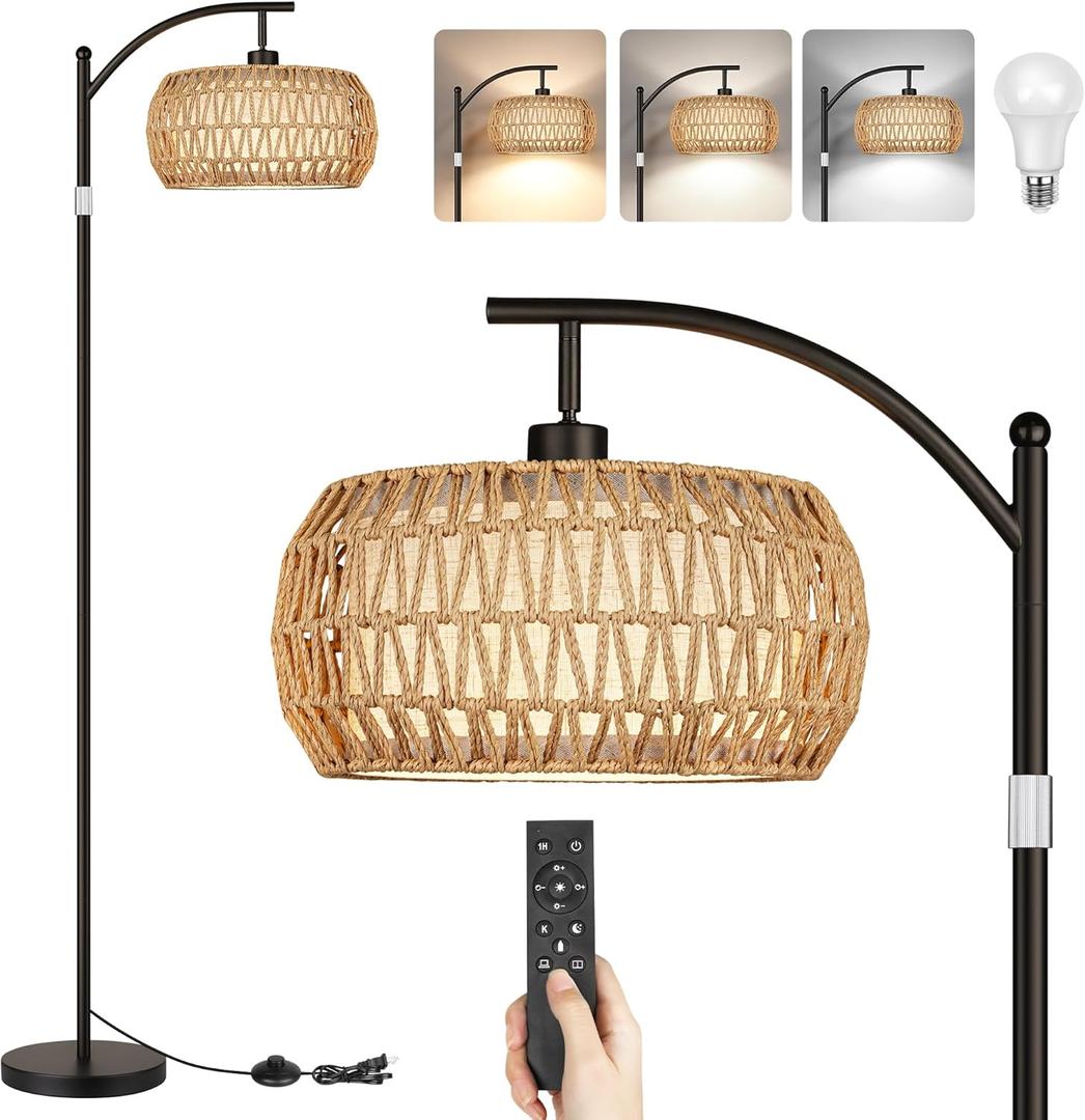 ROTTOGOON Boho Floor Lamp with Dimmable Bulb, Rattan &Linen Double Shades, Boho Standing Tall Lamps with Foot Switch, Bohemian Floor Lamps for Living Room, Bedroom, Office (Black + Brown shade)