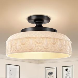Lamomo Semi Flush Mount Ceiling Light,12 Inch White Glass Shade Black Hallway Light Fixture,3 Light Globe Glass Close to Ceiling Scone,Indoor Hanging Light for Bedroom Kitchen Porch Hallway