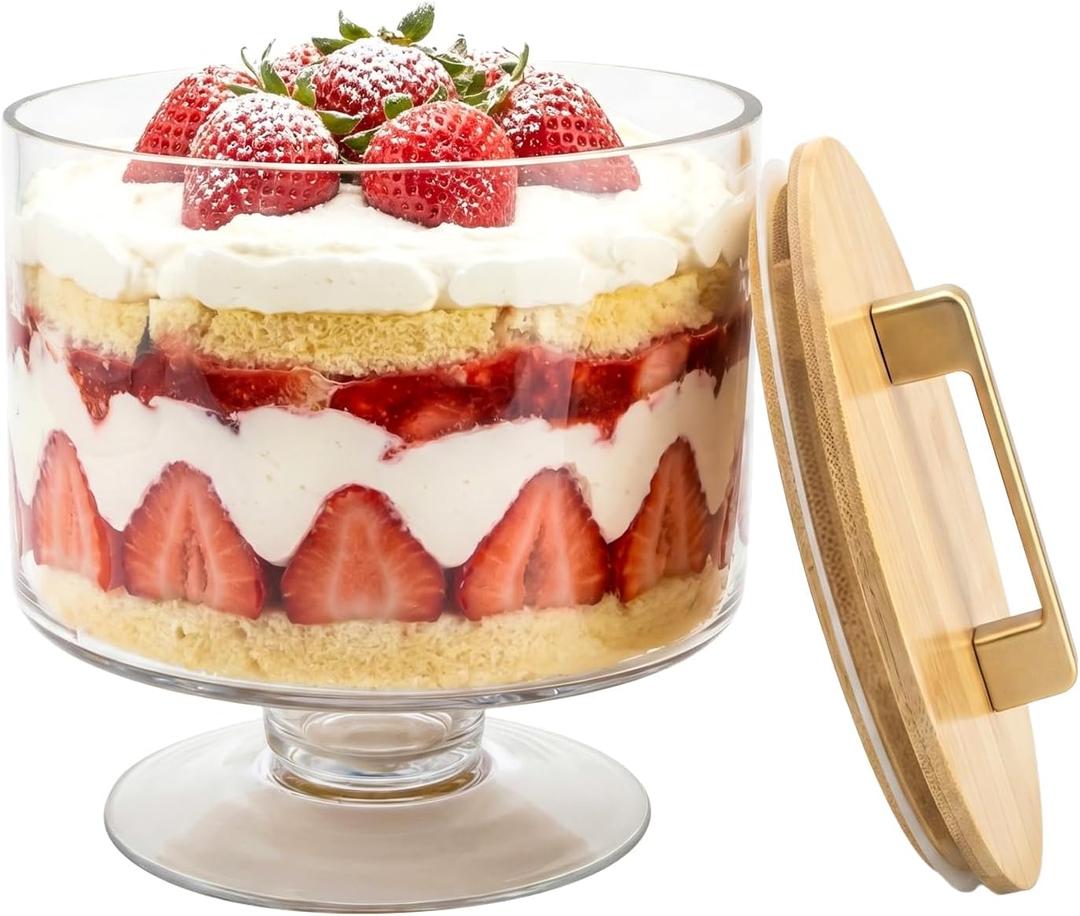 Trifle Bowl with Pedestal and Lid, Large Salad Bowl, Crystal Clear Glass, Wood Lid with Convenient Handle and Sealing Ring, for Laying Layered Dessert, Ice Cream and Cake, Ideal for Party Displays