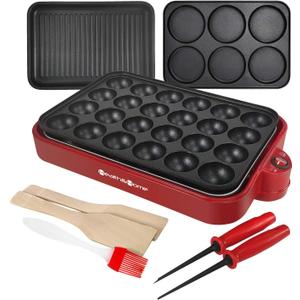 Multifunction Nonstick Baking Maker with 3 Interchangeable Baking Plates for Grill,Pan Cake and Cake Pops,Takoyaki Maker.RED