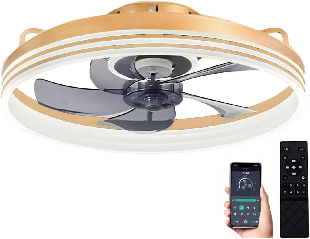 20inch Ceiling Fans Lights,68W Flush Mount Ceiling Fan with Ceiling Lights,Dimmable 3CCT,App Control,Remote Control,Timer,6 Wind Speeds Smart Low Profile Ceiling Fan for Room (C-Gold)