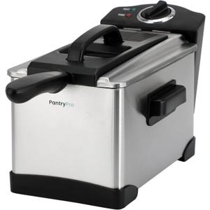 PantryPro 2 Liter / 2.1 Quart Stainless Steel Immersion Electric Deep Fryer, 1400 W, Temperature Control, Basket with Hook, Odor Filter, Lid w. Viewing Window
