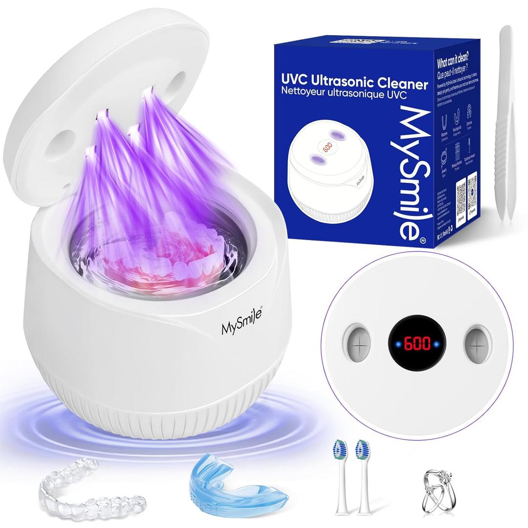 MySmile Dental Ultrasonic Retainer Cleaner Machine- 45kHz UV Denture Cleaner with 200ML Capacity for Aligner, Braces, Mouth Guard, Night Guard, Portable Dental Cleaning Pod with Digital Timer (White)