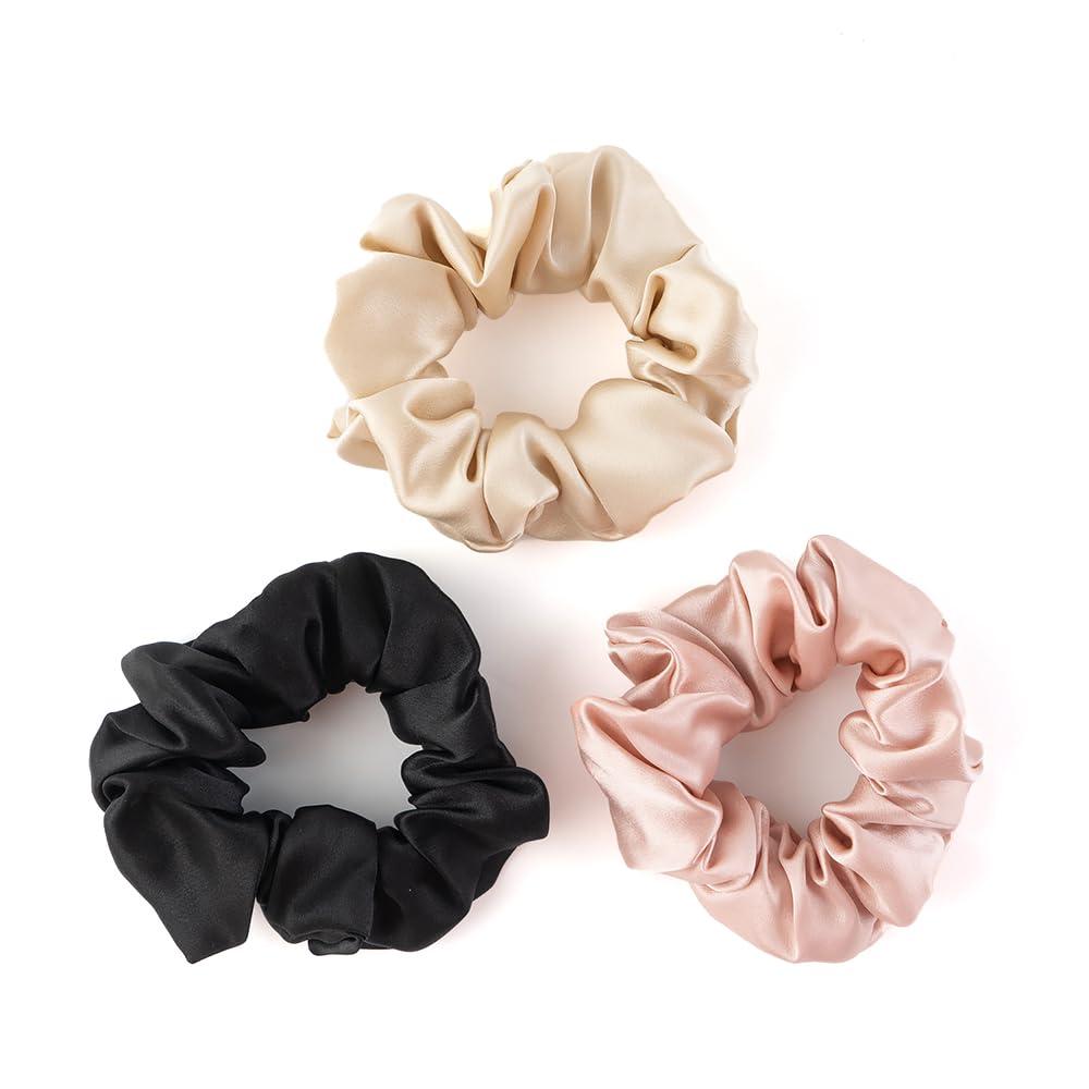 4 x Bunnikins & Clover Silk Scrunchies for Hair Sleep, 100% Mulberry Silk Hair Ties for Curly Hair with Elastic Band, Thick Elastic Hair Scrunchies for Women Girls, 3 Piece
