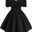 SOLY HUX Women's Plus Size Off the Shoulder Short Dress Ruched A Line Flared Short Sleeve Cocktail Party Club Dresses (Black, XXXL)