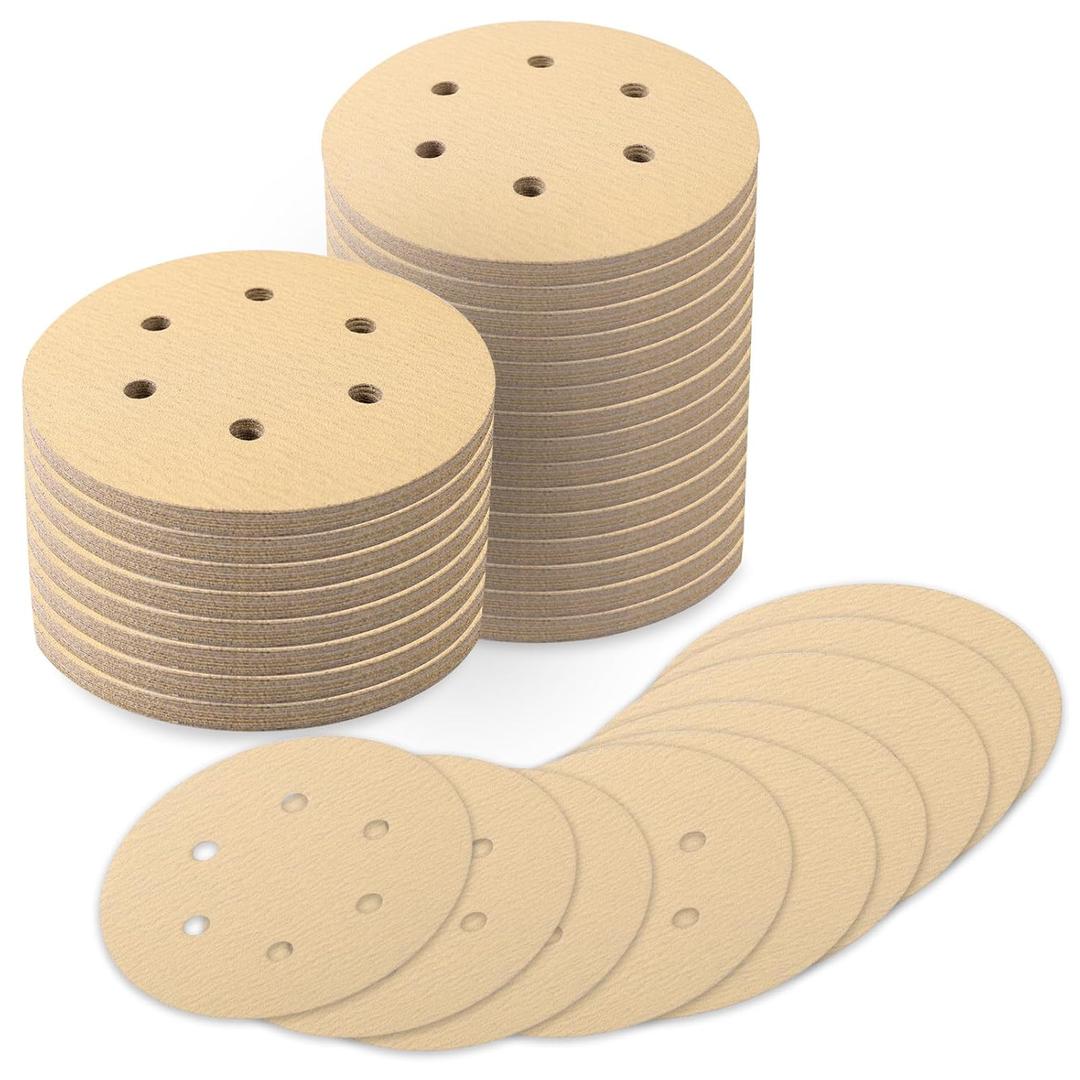 100 PCS 6 Inch Sanding Discs 120 Grit, 6 Hole Hook and Loop Round Sandpaper for Random Orbital Sander