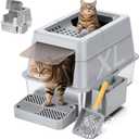 Stainless Steel Litter Box with Lid, XL Closed Metal Litter Box Modular Design with Flip Lid Fits All Cats, Extra Large Covered High Sided Cat Box, Scoop, Non-Sticky, Easy Cleaning, Grey