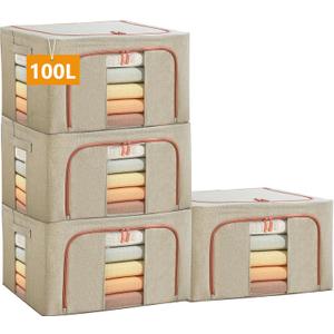 Large Storage Bags,Stackable Clothes Storage Bins with Hold Shape Metal Frame,Foldable Closet Organizer Containers with Zipper,Clear Window,Thick Fabric for Seasonal Clothing (Beige, 100L x 4 Pack) Large Storage Bags,Stackable Clothes Storage Bins with Hold Shape Metal Frame,Foldable Closet Organizer Containers with Zipper,Clear Window,Thick Fabric for Seasonal Clothing (Beige, 100L x 4 Pack)