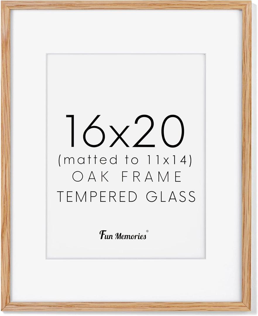 Fun Memories 16x20 Picture Frame for Wall, 16 x 20 Solid Oak Wood Frames, Tempered Glass, 16x20 Picture Frame with Mat for 11x14, 16 by 20 Wood Frames, 16 x 20 Matted Poster Frame, Natural Oak Color