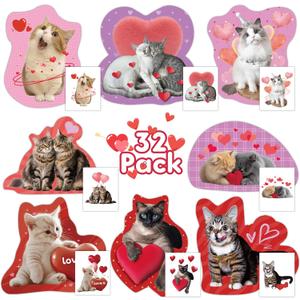 Mczan 32 Pack Valentines Card for Kids Classroom, Pet Cats Valentines Cards with Tattoos Envelopes, Happy Valentine Cards for Kids School, Party Exchange Favors Gifts for Boys Girls