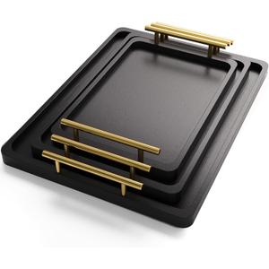 Bamboo Serving Tray with Metal Handles (Set of 3), Ottoman Decorative Trays Platter for Eating Breakfast, Working, Storing, and Party (Black)