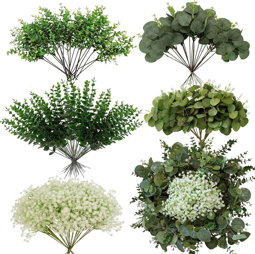 Autokcan 150 Pcs 5 Kinds Artificial Greenery Stems Mixed Artificial Eucalyptus Wedding Bouquet Bulk Fake Eucalyptus Stems Greenery Leaves for Vase Wedding Home Table Decor DIY Bouquets (Green)