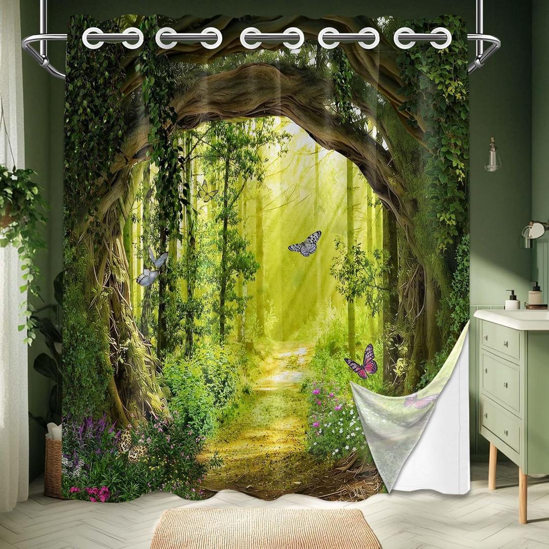 Green Enchanted Forest Hookless Shower Curtain with Snap in Liner Set, Tree Scenic Nature No Hook Shower Curtains for Bathroom, Liner with Magnets, Waterproof Cloth Fabric, 71" W x 74" L