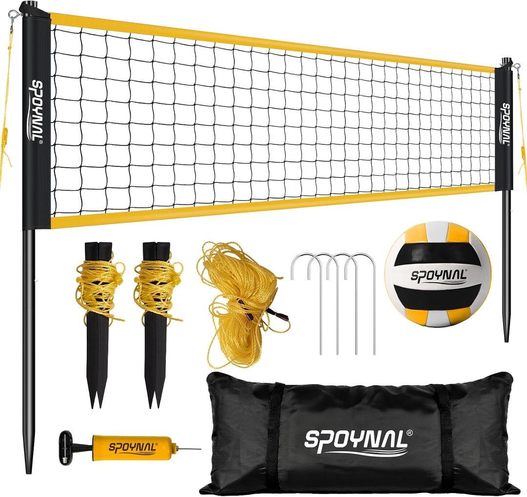 Portable Volleyball Net for Backyard, 20/32 FT, Adjustable Height | Adjusts to 8, 7.8 and 7.4 FT; includes volleyball, pump, boundary line and carry bag for beach, grass and outdoor, 32FT-Yellow