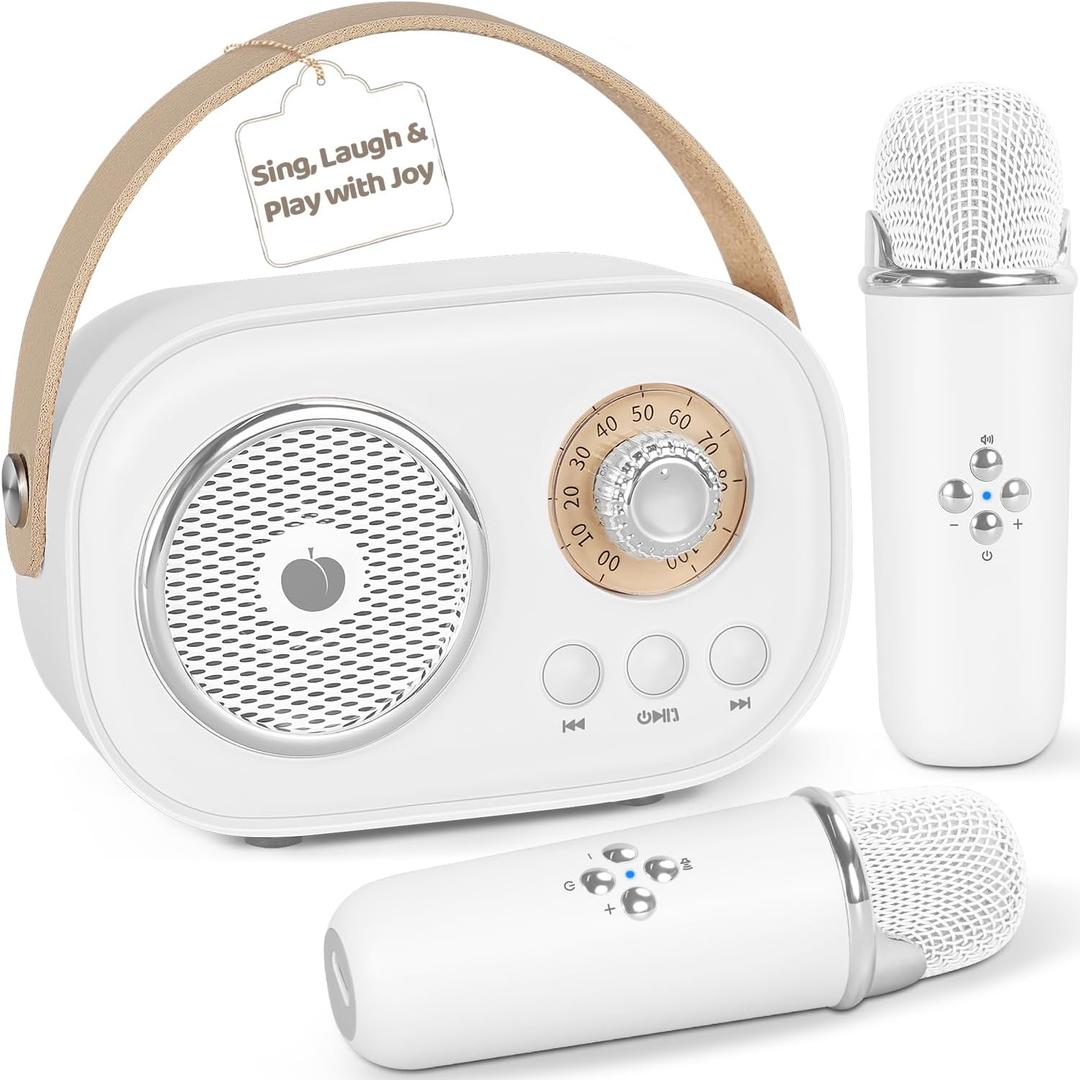 PRUNUS C20 Mini Karaoke Machine,Valentines Day Gifts for Her Him Kids Mens,Portable Bluetooth Speaker with 2 Wireless Microphone for Boys Girls 3-12+ Years Old Birthday Party White
