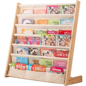 Wooden Bookshelf for Kids Wood Bookrack Canvas Book Storage Shelf Display Bookshelf 6 Tier Kids Book Rack for Bedroom Living Room Playroom Storage Organizer Natural (29.52" L x 11.81" W x 31.10" H)