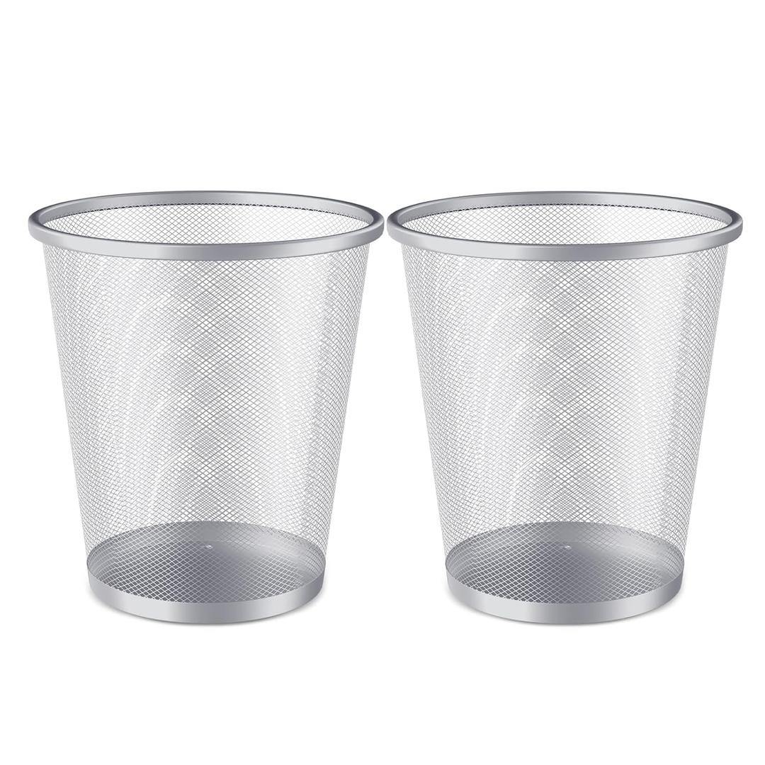 MoNiBloom 3-Gallon Mesh Trash Can for Office Small Metal Wire Garbage Bin Wastebasket for Home Bedroom Under Desk Dorm Room Lightweight Open-Top Waste Paper Basket Recyling Container (Silver, 2-Pack)