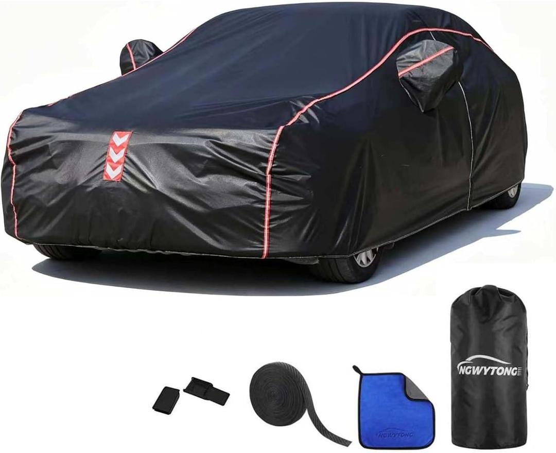 Car Cover Waterproof All Weather, All-Around Fastening 60s Quick-Install, 4 Upgrades for Sedans 186in-193in Car Cover