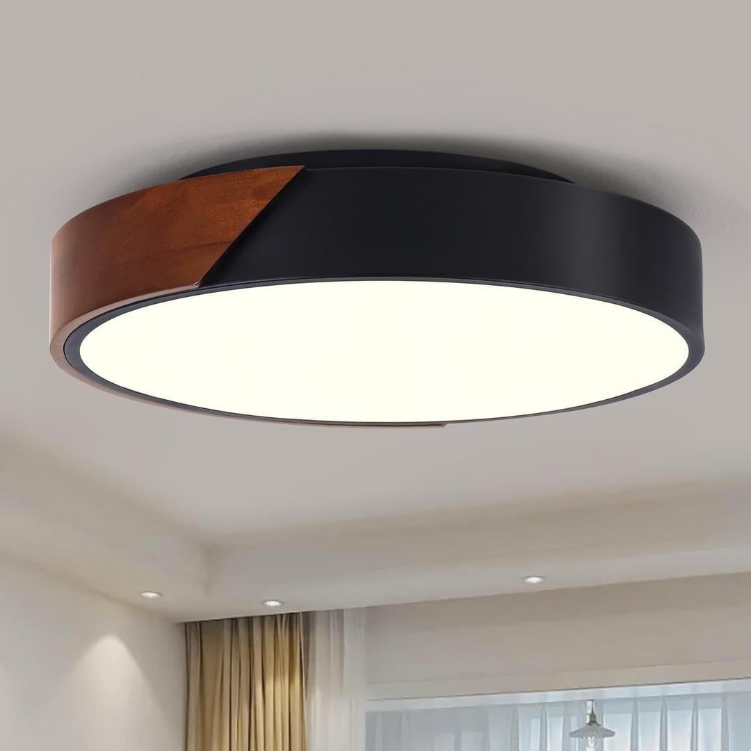 Modern Black Flush Mount Ceiling Light, Wood 3-Light Fixtures, Round Ceiling Lights for Hallway, Kitchen, Bathroom, Living Room, Bedroom, Office(16.5 in)