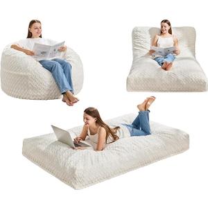 Hobestluk Bean Bag Chair Convertible Beanbag Chairs for Adults, 3 in 1 Bean Bags with Plush Chevron Cover, Adult Bean Bag Chair for Living Room, Bedroom (White, Full)