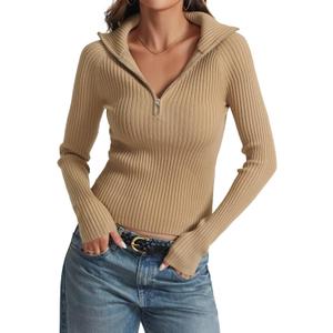 Prettywear 2025 Women's Half Zip Pullover Sweaters V Neck Collared Long Sleeve Ribbed Knit Fall Tops Dressy Casual (Large, Khaki)
