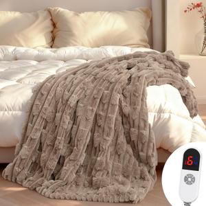 Heated Throw Blanket 50"x60", Electric Blanket with Bamboo Pattern, Luxury Faux Rabbit Fur & Soft Flannel, 6 Heat Settings, 1-4 Hour Auto Shut-Off, Throw Blanket for Couch, Machine Washable, Linen