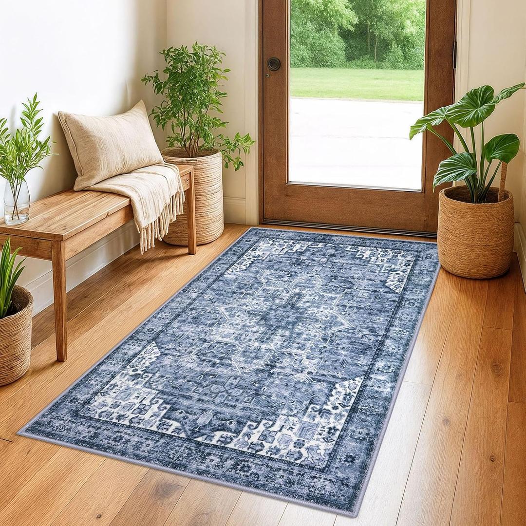 3x5 Washable Area Rug for Entryway, Blue Soft Medallion Printed Rug with Non-Slip, Low-Pile Vintage Boho Area Rugs for Living Room Bedroom Dining, Dorm Carpet with Non-Shedding