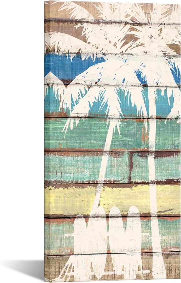 KREATIVE ARTS Canvas Print Wall Art Tropical Palm Tree Island on Wood Panels Nature Wilderness Surfboard Beach Painting Coastal Picture Digital Art Realism Chic for Living Room 20x40 Inches