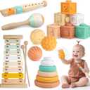Baby Toys Montessori Toys for Babies 1-3,Wooden Musical Instruments Toy Stacking Building Blocks,Infant Teething Toys Sensory Balls,Xylophone,Birthday Gift for Toddlers 1+ Year Old (6 in 1)