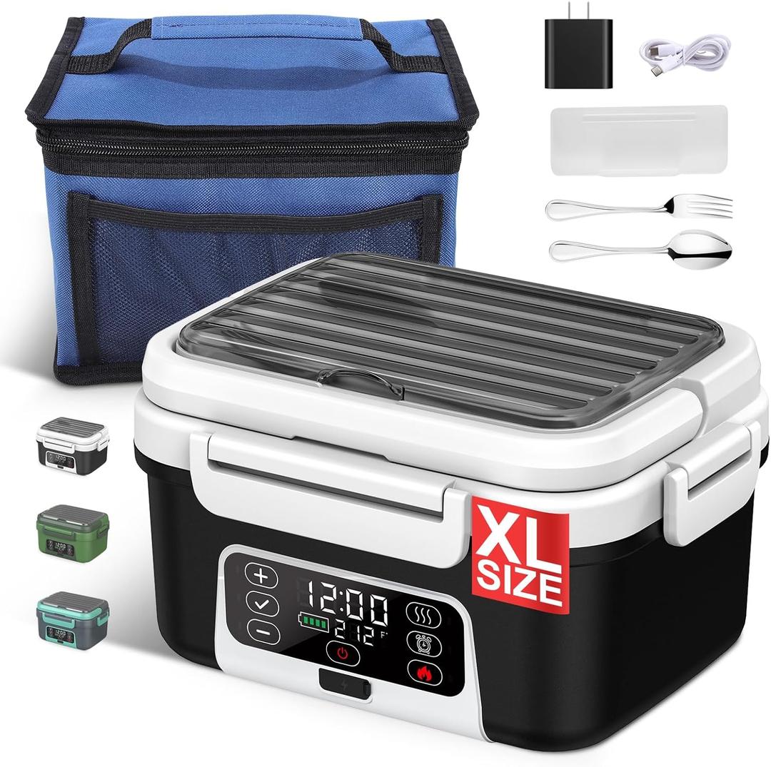 Cordless Electric Heated Lunch Box, 1.5L - 6.3 Cups 20000 mAh 100W Rechargeable Smart Self-Heating Food Warmer with Removable Divider, Spoon, Fork, BPA Free, Portable Lunchbox for Car Travel Office