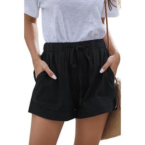  Womens Lightweight Shorts Casual Baggy Trendy Hot Pants Elastic Waist Drawstring Comfy Shorts, Black Medium