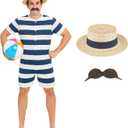 fun shack Old Time Swimsuit Men, 1920s Bathing Suit Costume, Mens One Piece Swimsuit, Halloween Costumes For Men (Large, Blue)